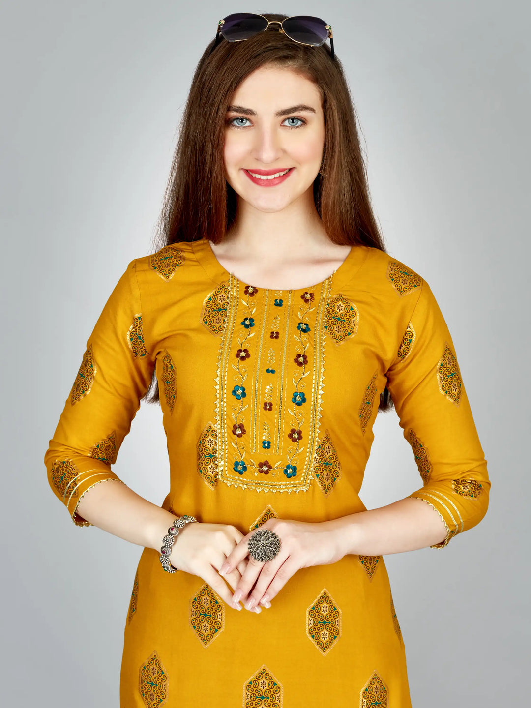 Stylish Yellow Outfit | Elegant Rayon Kurti Set with Embroidery Work
