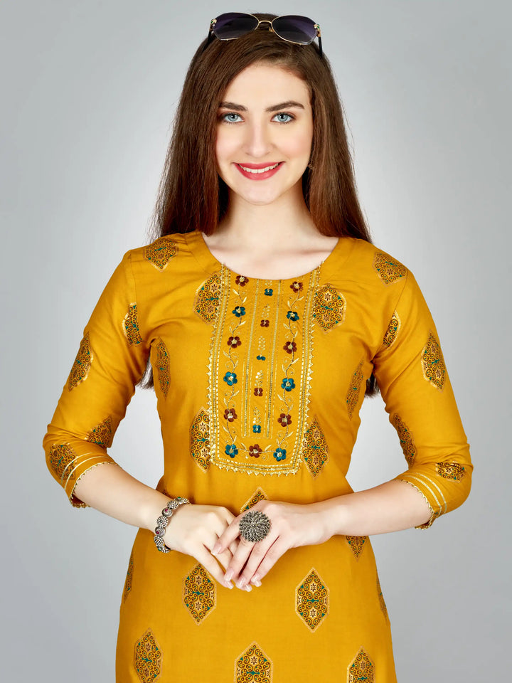 Stylish Yellow Outfit | Elegant Rayon Kurti Set with Embroidery Work