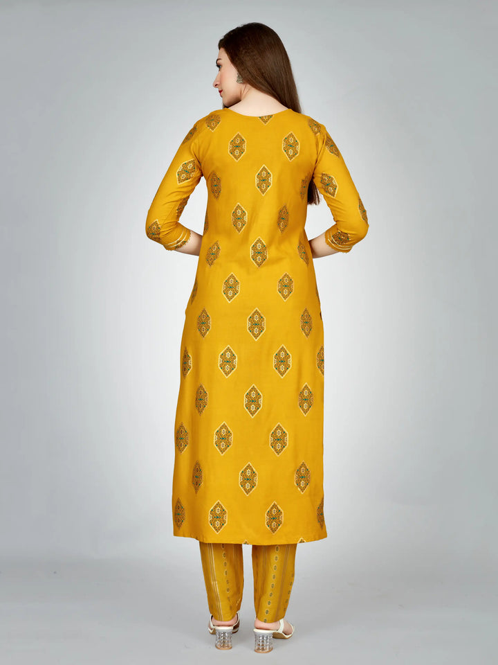 Stylish Yellow Outfit | Elegant Rayon Kurti Set with Embroidery Work