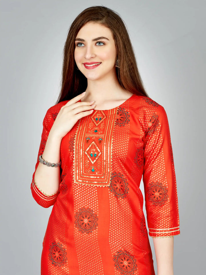 Orange Rayon Kurti Set | Designer Printed & Embroidered Kurti with Bottom