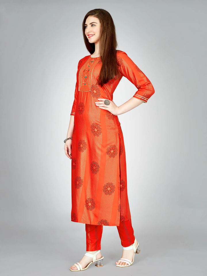 Orange Rayon Kurti Set | Designer Printed & Embroidered Kurti with Bottom