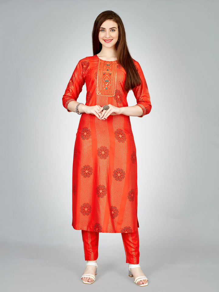 Orange Rayon Kurti Set | Designer Printed & Embroidered Kurti with Bottom