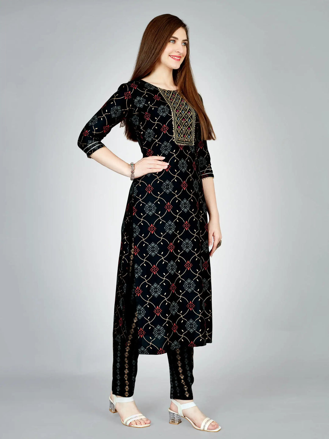 Elegant Black Outfit | Stylish Rayon Kurti Set with Embroidery Work