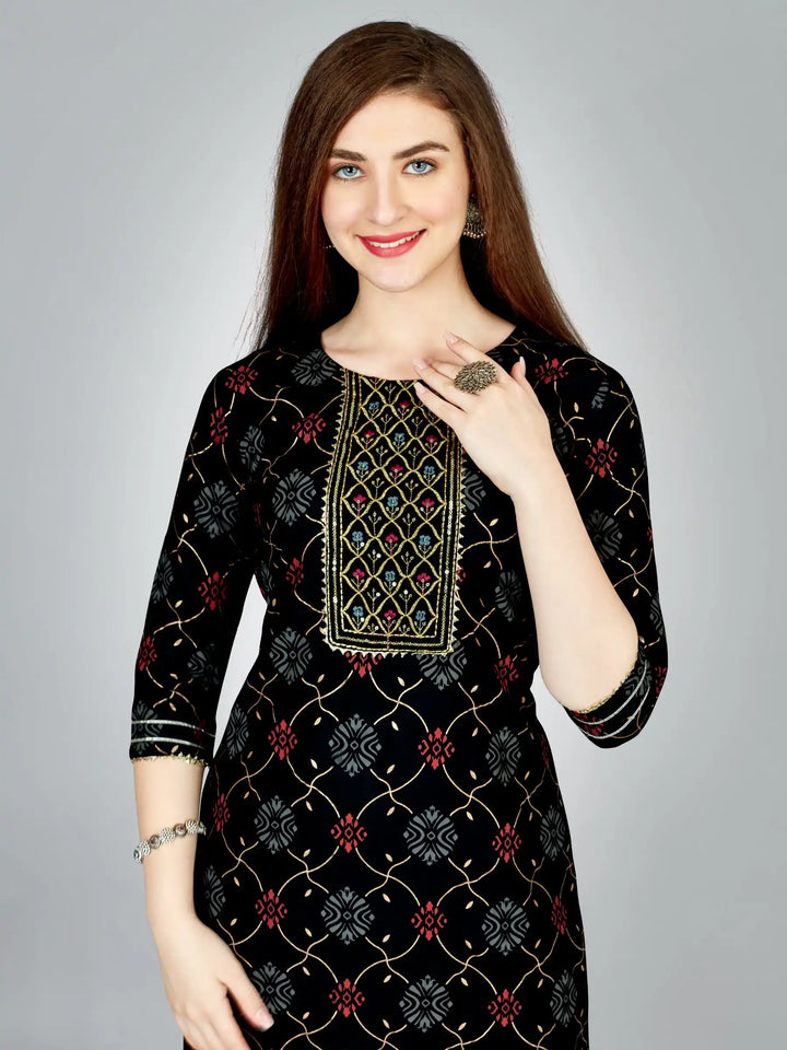 Elegant Black Outfit | Stylish Rayon Kurti Set with Embroidery Work