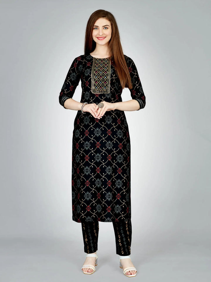 Elegant Black Outfit | Stylish Rayon Kurti Set with Embroidery Work