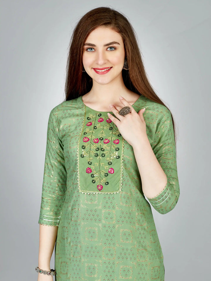 Pista Green Rayon Kurti Set | Designer Printed & Embroidered Kurti with Bottom