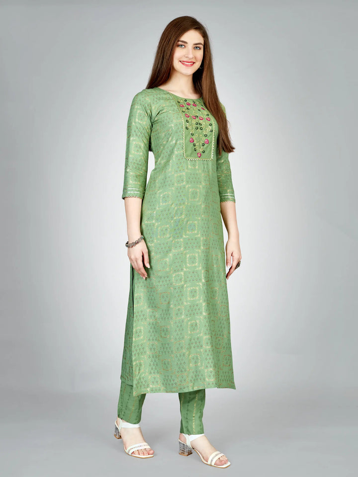 Pista Green Rayon Kurti Set | Designer Printed & Embroidered Kurti with Bottom