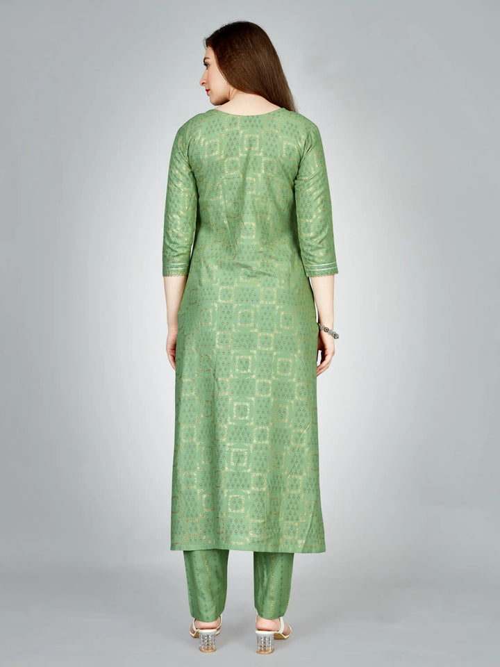 Pista Green Rayon Kurti Set | Designer Printed & Embroidered Kurti with Bottom