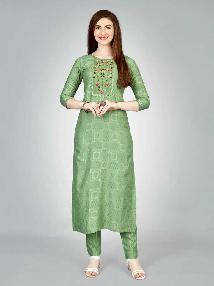 Pista Green Rayon Kurti Set | Designer Printed & Embroidered Kurti with Bottom