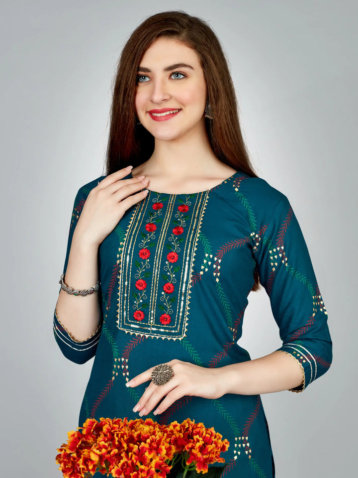 Navy Blue Rayon Kurti Set | Designer Printed & Embroidered Kurti with Bottom