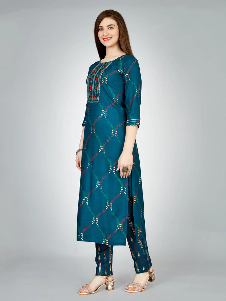 Navy Blue Rayon Kurti Set | Designer Printed & Embroidered Kurti with Bottom