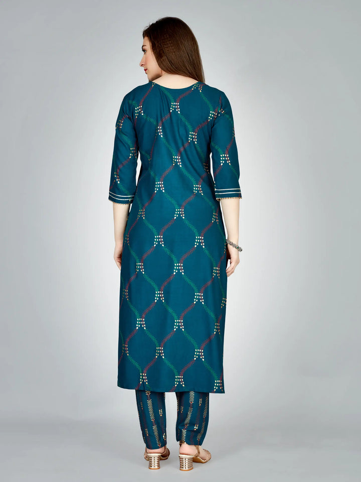 Navy Blue Rayon Kurti Set | Designer Printed & Embroidered Kurti with Bottom