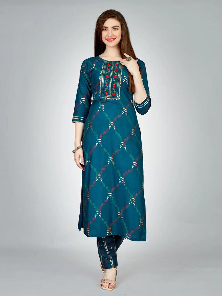 Navy Blue Rayon Kurti Set | Designer Printed & Embroidered Kurti with Bottom