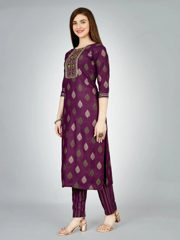 Purple Rayon Kurti Set | Designer Printed & Embroidered Kurti with Bottom