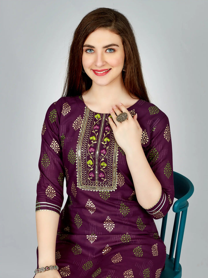 Purple Rayon Kurti Set | Designer Printed & Embroidered Kurti with Bottom