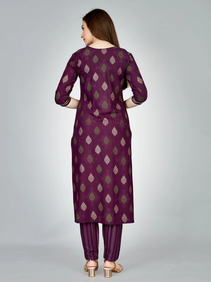 Purple Rayon Kurti Set | Designer Printed & Embroidered Kurti with Bottom