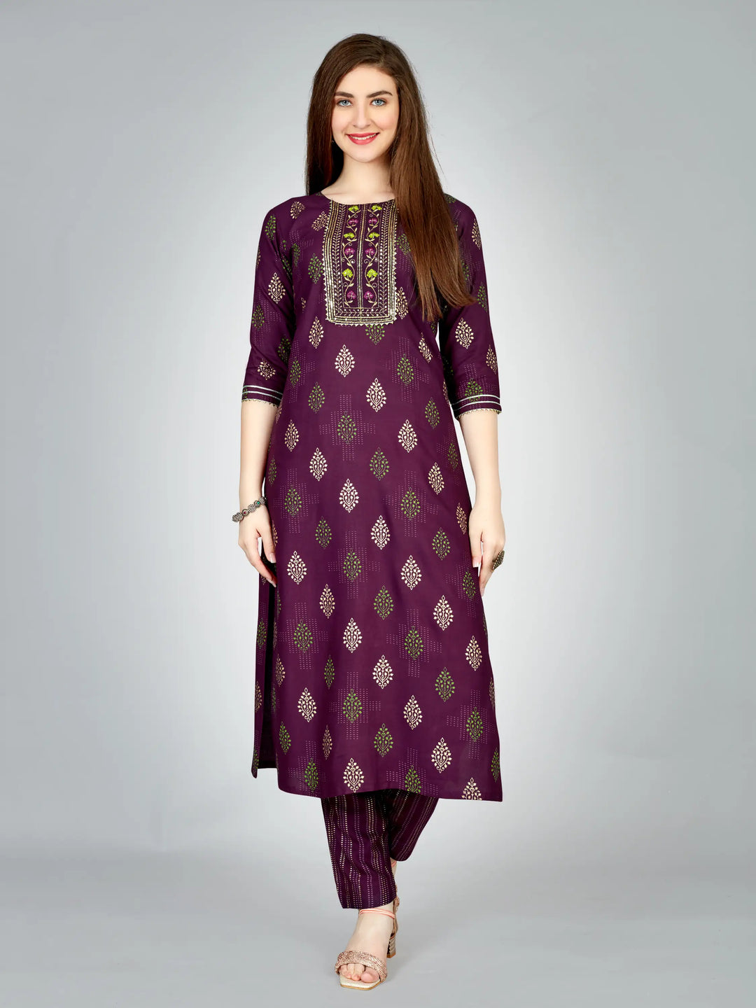 Purple Rayon Kurti Set | Designer Printed & Embroidered Kurti with Bottom