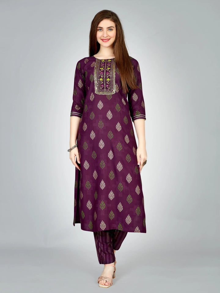 Purple Rayon Kurti Set | Designer Printed & Embroidered Kurti with Bottom