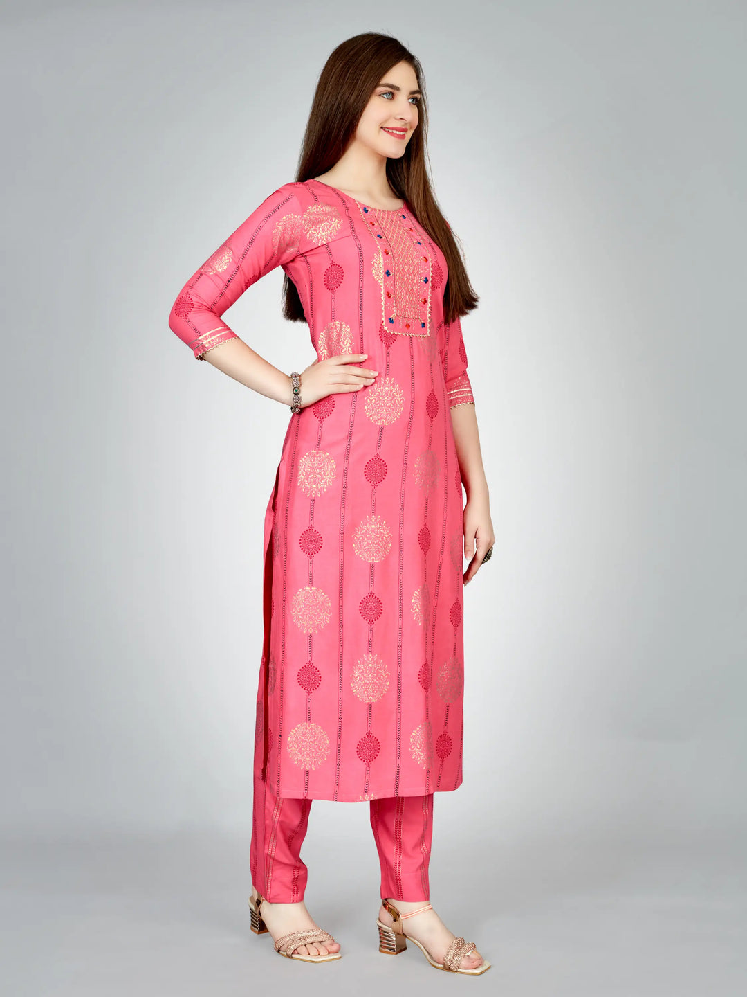 Stylish Pink Outfit | Elegant Rayon Kurti Set with Embroidery Work