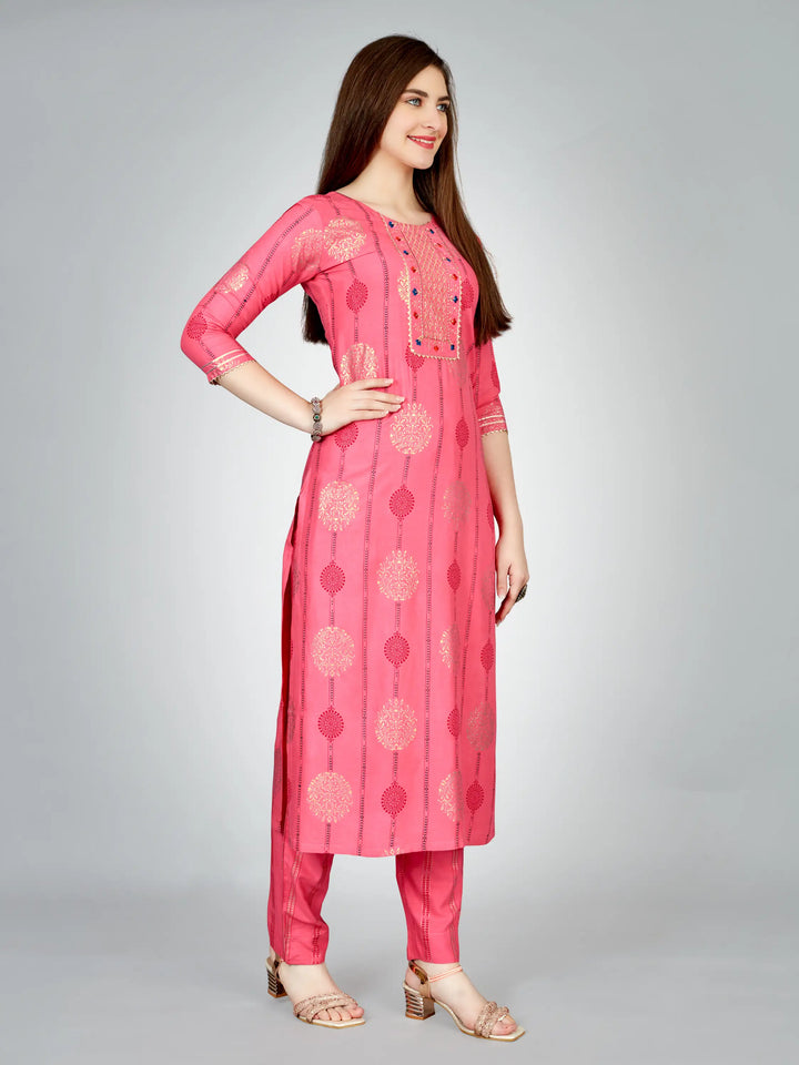 Stylish Pink Outfit | Elegant Rayon Kurti Set with Embroidery Work