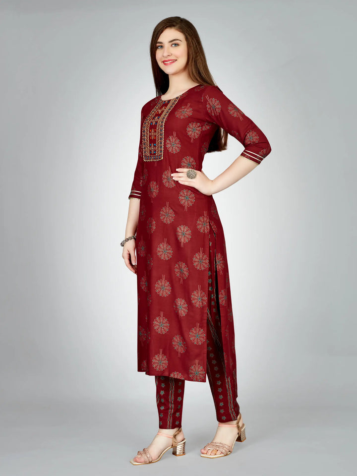 Stylish Maroon Outfit | Elegant Rayon Kurti Set with Embroidery Work