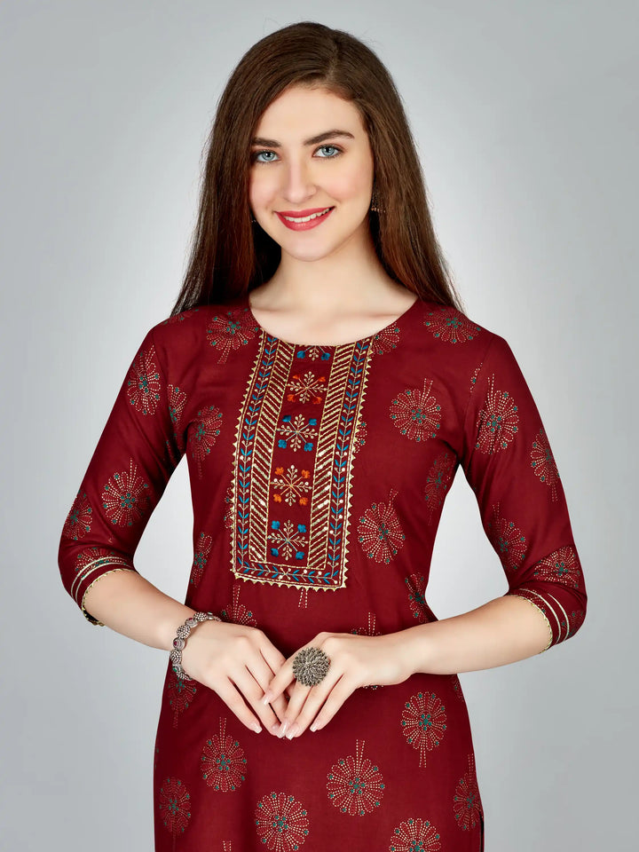 Stylish Maroon Outfit | Elegant Rayon Kurti Set with Embroidery Work