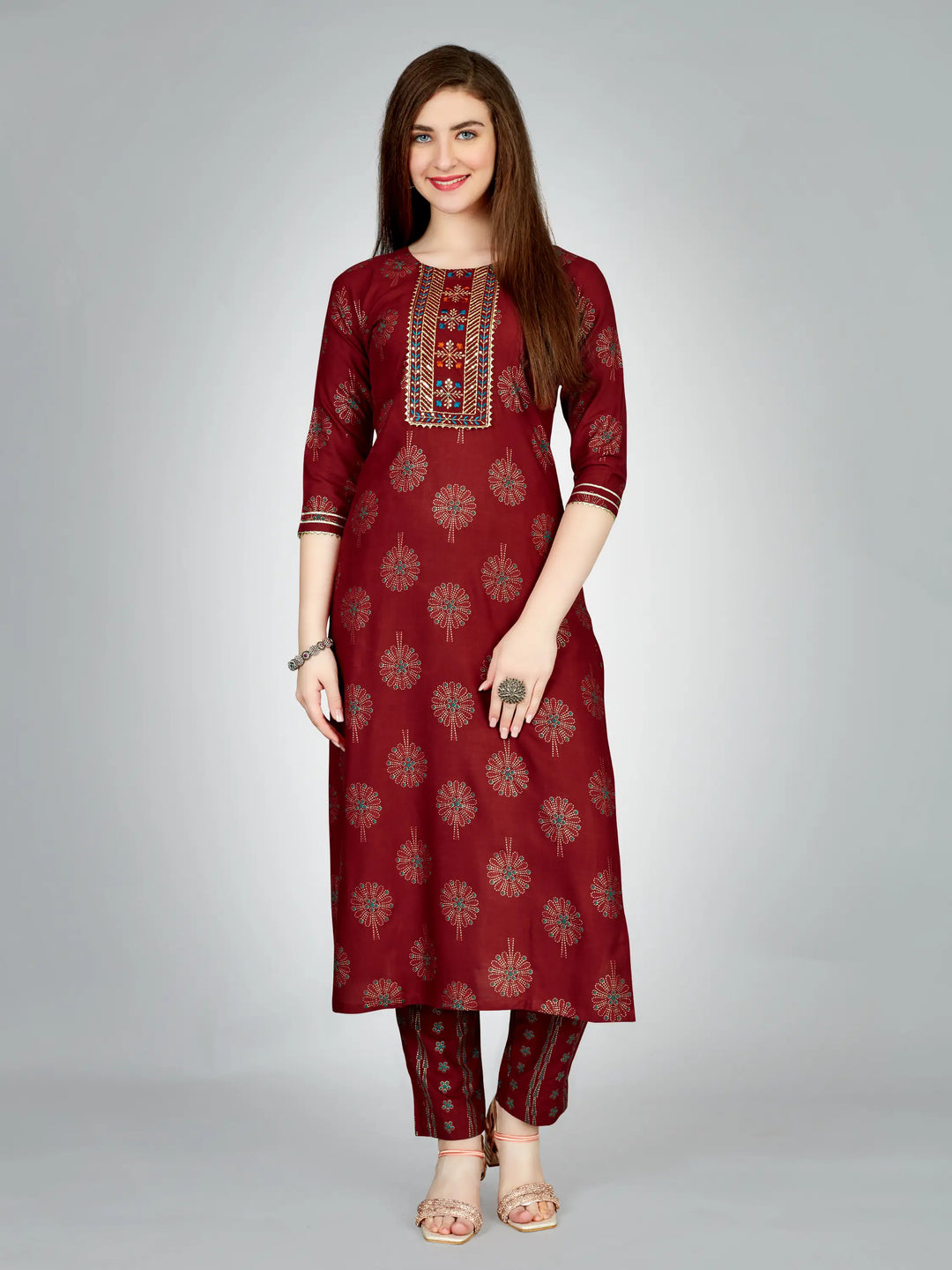 Stylish Maroon Outfit | Elegant Rayon Kurti Set with Embroidery Work