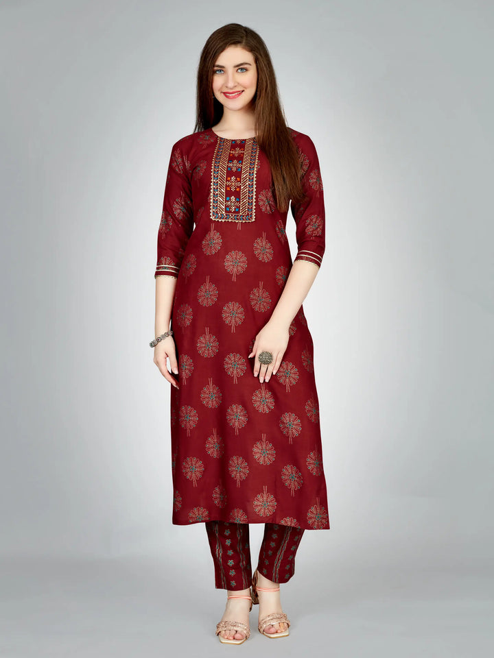 Stylish Maroon Outfit | Elegant Rayon Kurti Set with Embroidery Work