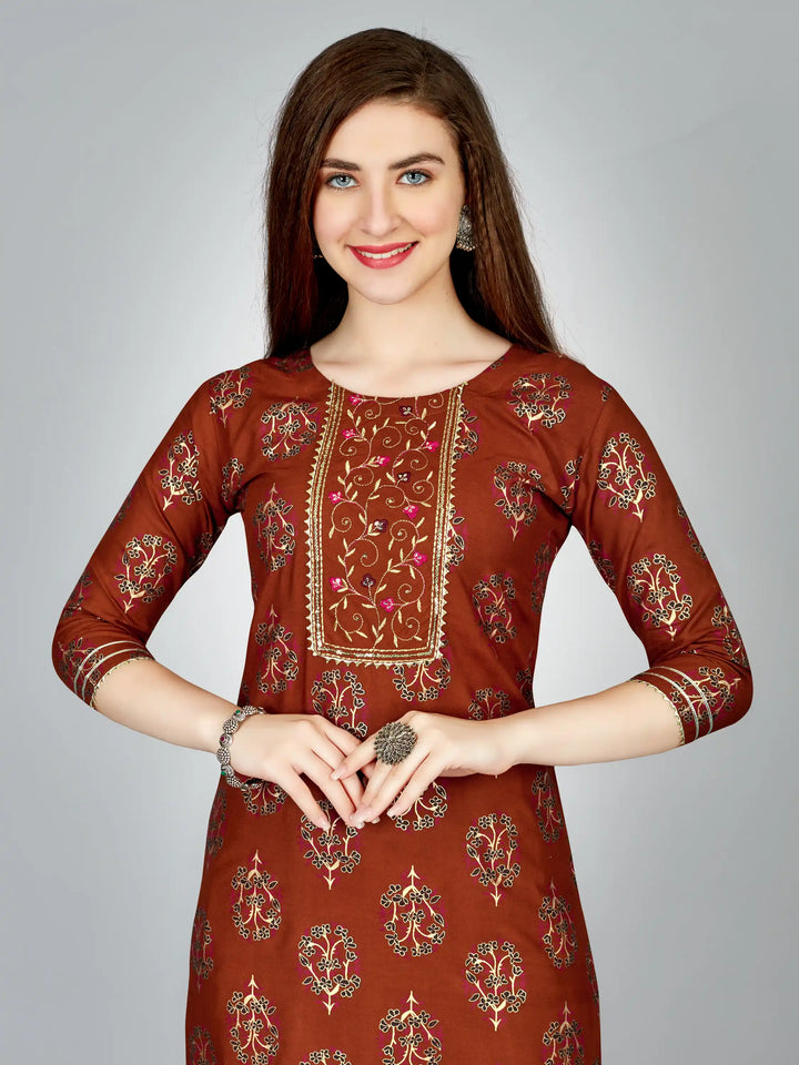Rust Rayon Kurti Set | Designer Printed & Embroidered Kurti with Bottom