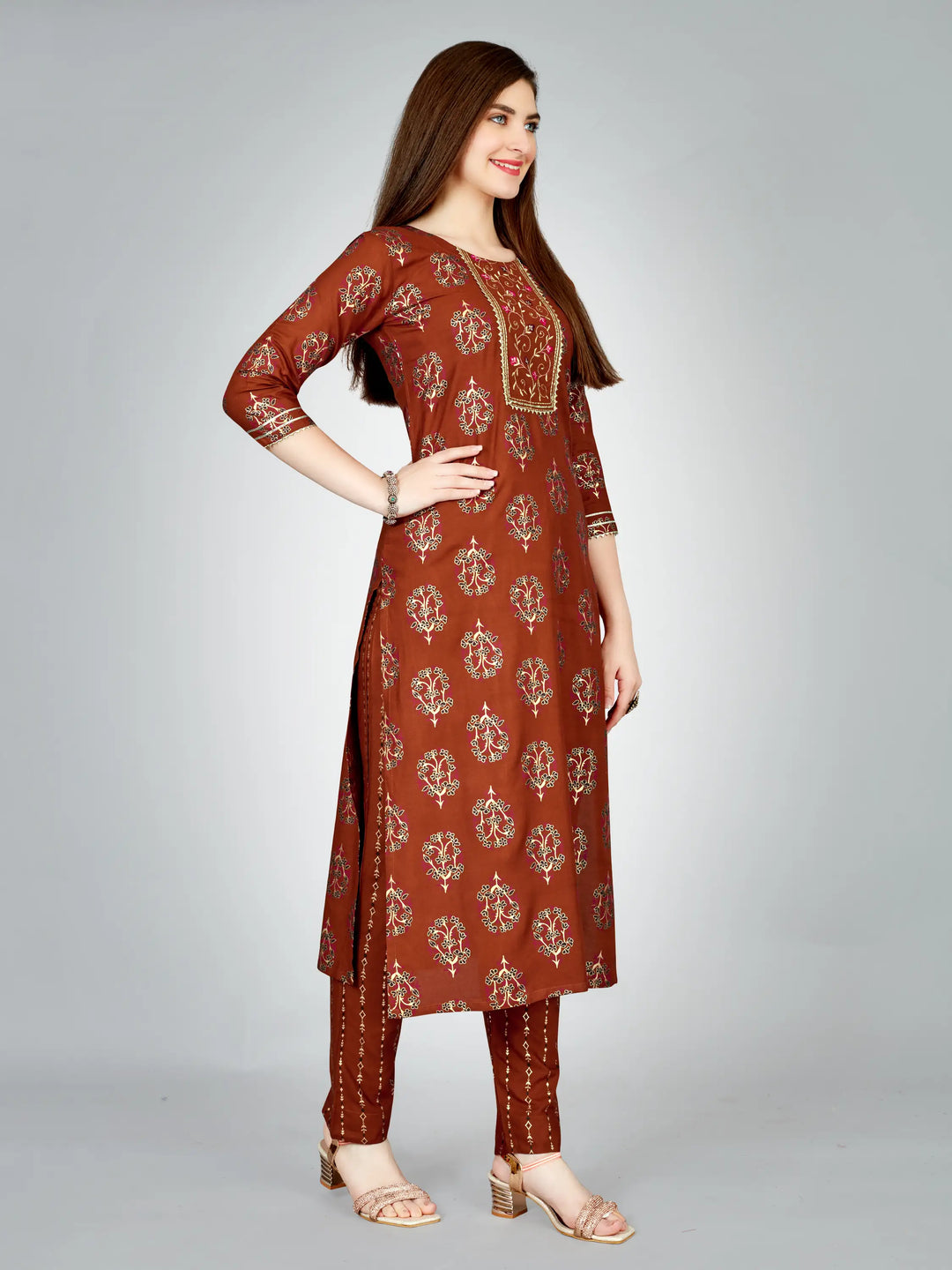 Rust Rayon Kurti Set | Designer Printed & Embroidered Kurti with Bottom
