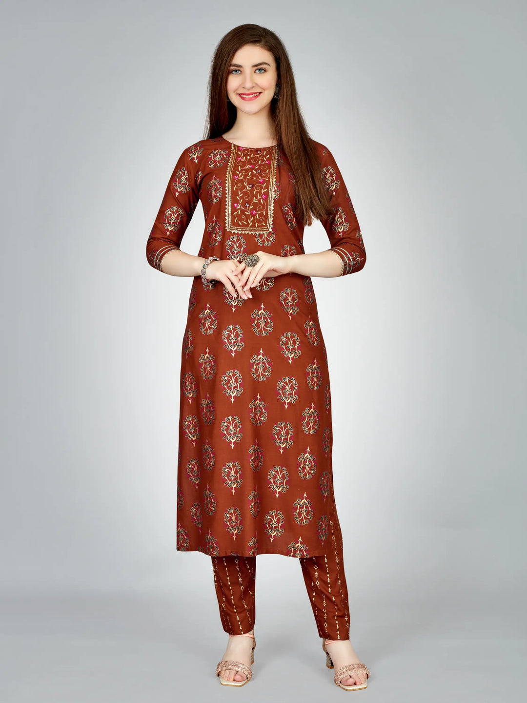 Rust Rayon Kurti Set | Designer Printed & Embroidered Kurti with Bottom