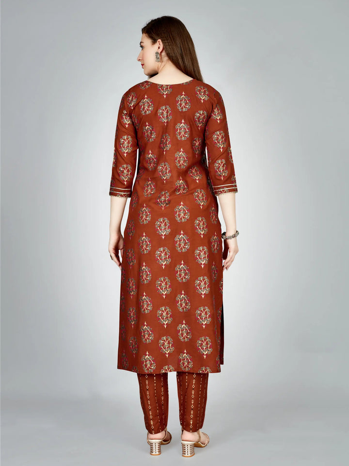 Rust Rayon Kurti Set | Designer Printed & Embroidered Kurti with Bottom