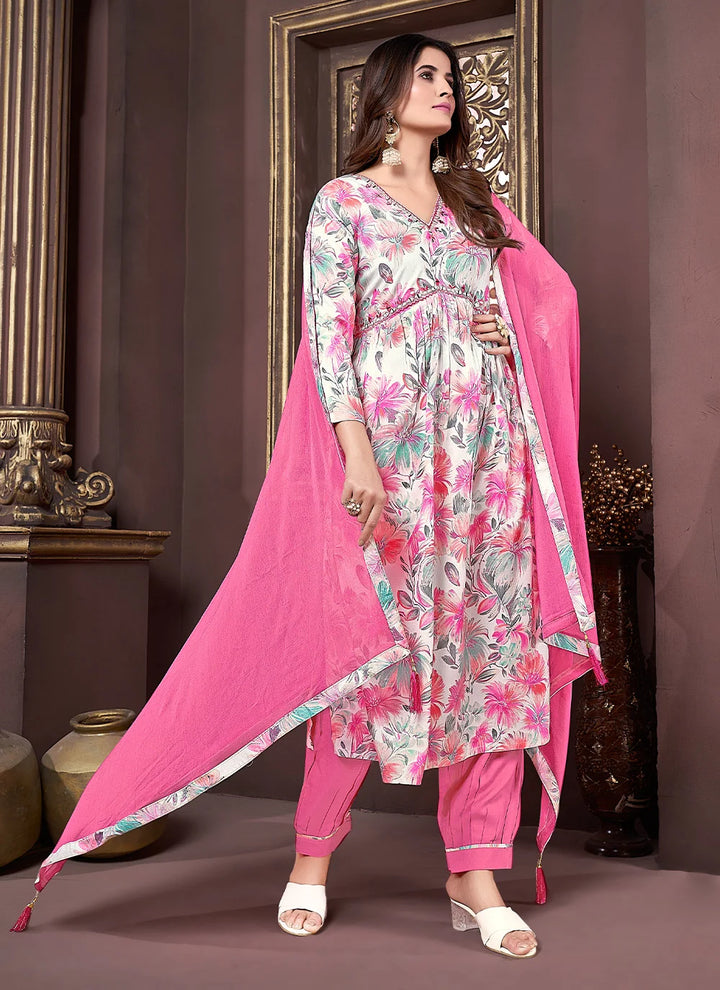 Designer Readymade Suit Set | Rayon & Nazmin Dupatta, Printed Hand Work