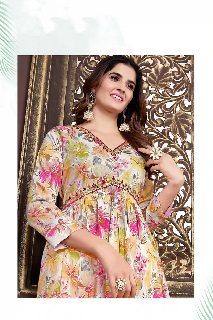 Elegant Designer Rayon Cream Suit Set | Beautiful Nazmin Dupatta Included