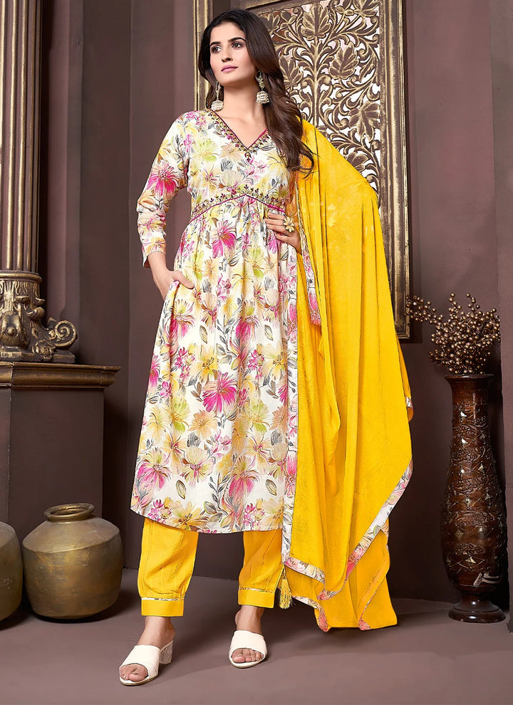 Elegant Designer Rayon Cream Suit Set | Beautiful Nazmin Dupatta Included
