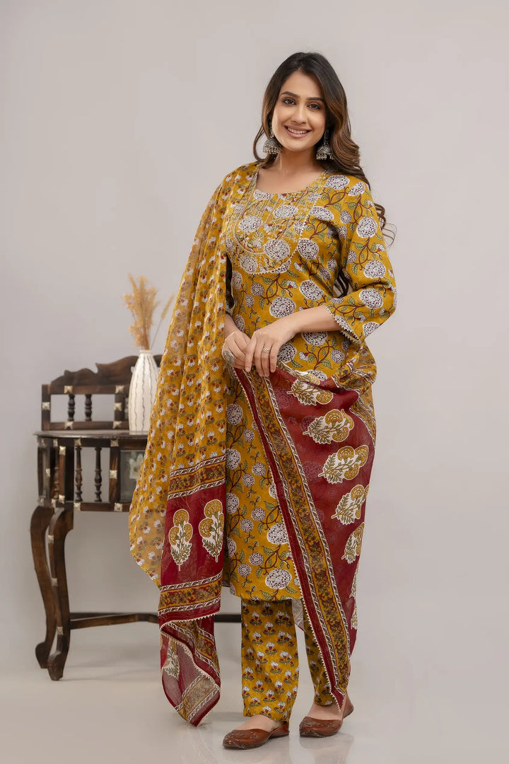 Elegant Mustard Designer Suit | Rayon Cotton with Mulmul Cotton Dupatta