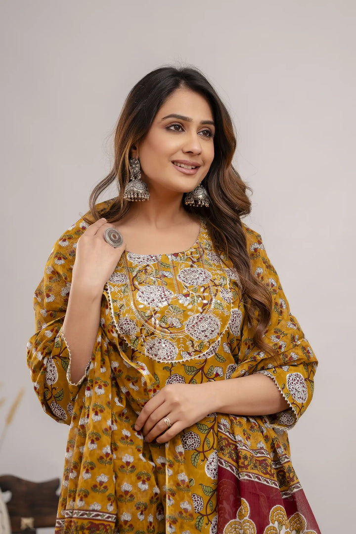 Elegant Mustard Designer Suit | Rayon Cotton with Mulmul Cotton Dupatta