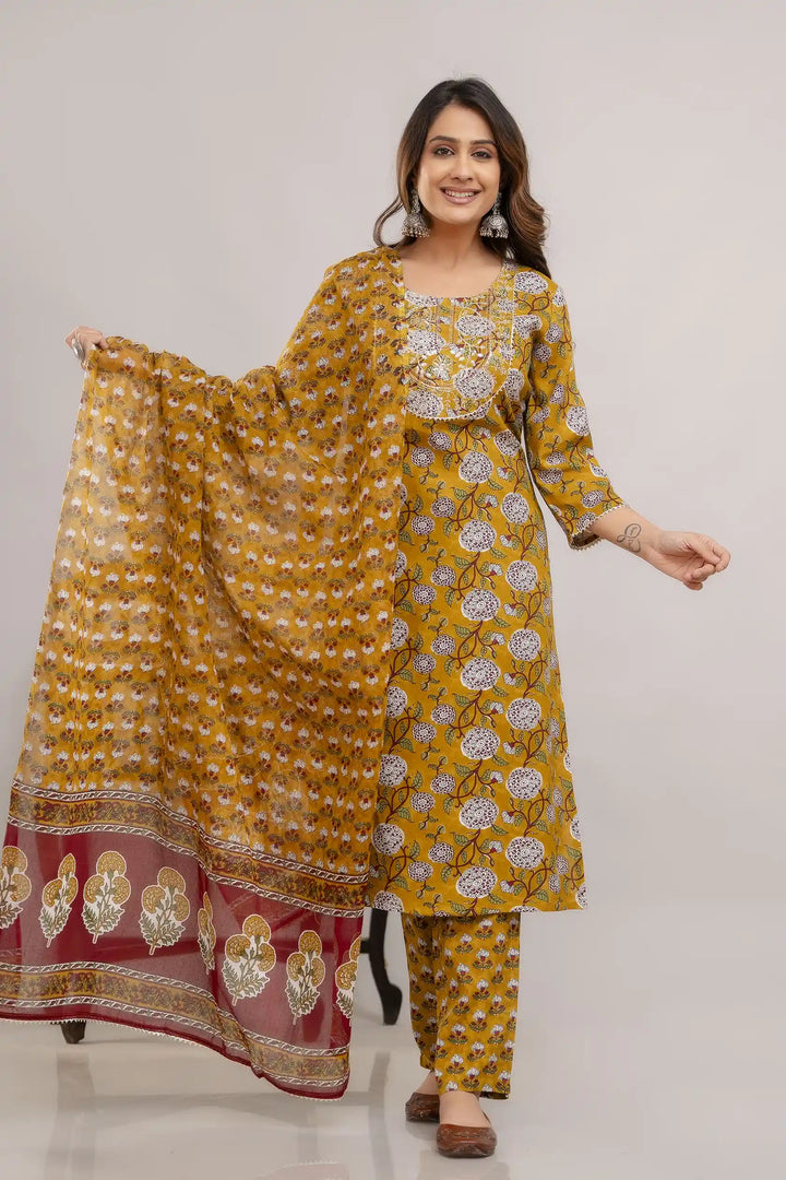 Elegant Mustard Designer Suit | Rayon Cotton with Mulmul Cotton Dupatta