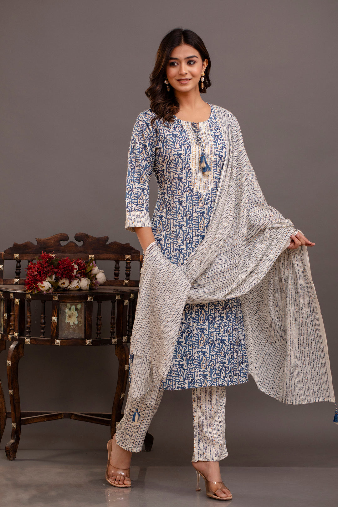 Elegant Blue Rayon Cotton Suit Set | Printed & Embroidered Design