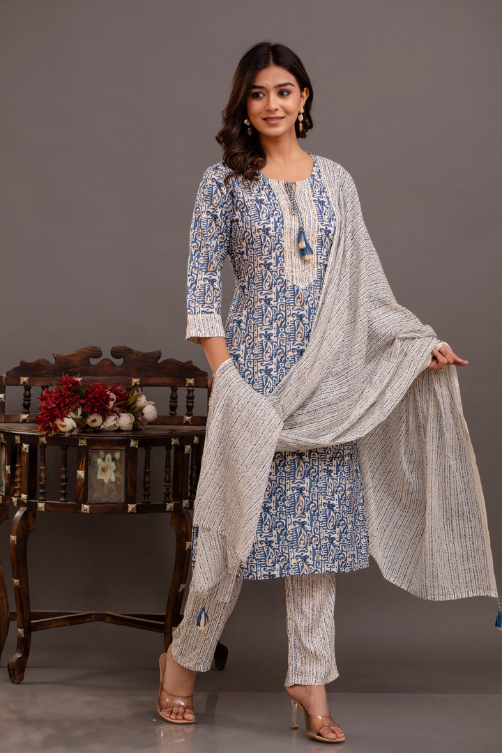 Elegant Blue Rayon Cotton Suit Set | Printed & Embroidered Design