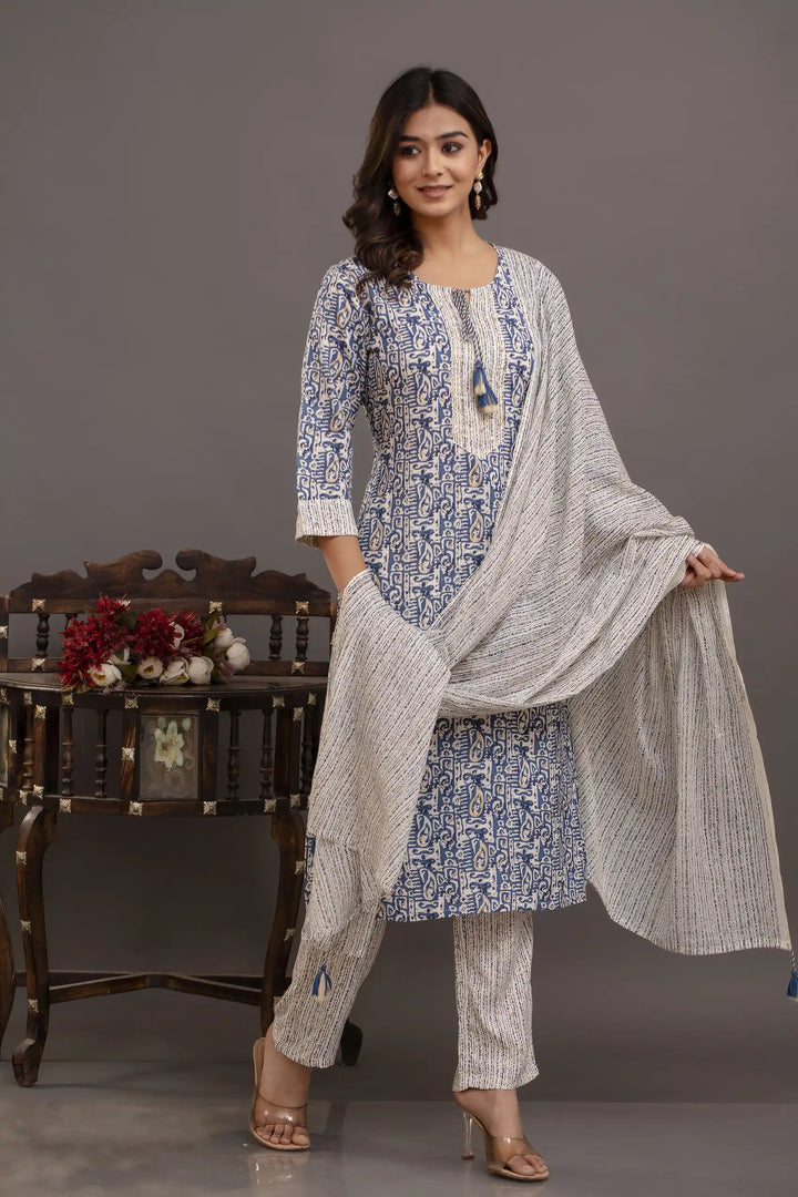 Elegant Blue Rayon Cotton Suit Set | Printed & Embroidered Design