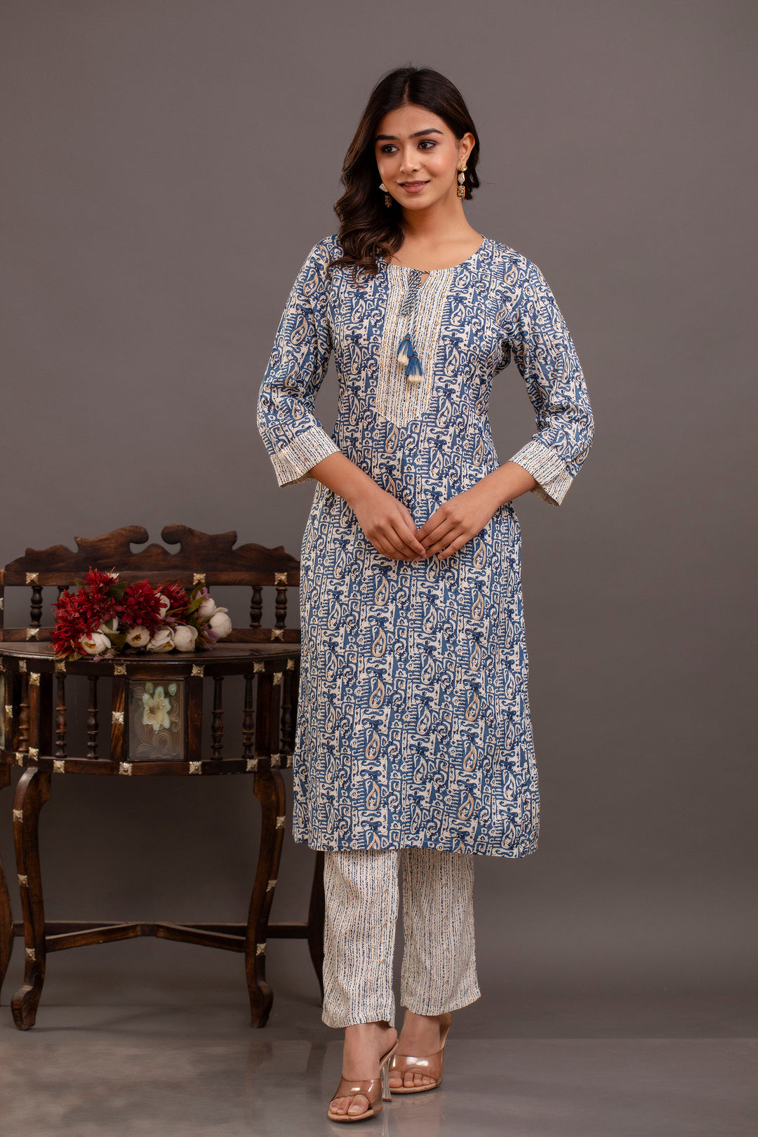 Elegant Blue Rayon Cotton Suit Set | Printed & Embroidered Design