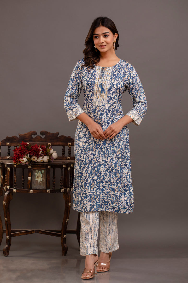 Elegant Blue Rayon Cotton Suit Set | Printed & Embroidered Design