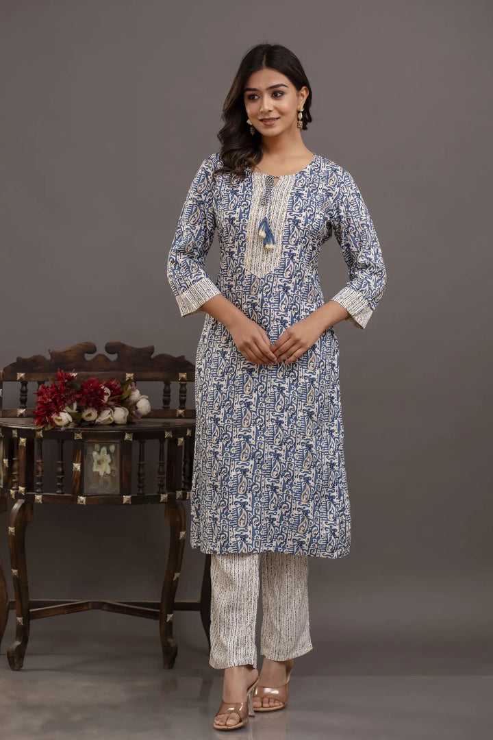 Elegant Blue Rayon Cotton Suit Set | Printed & Embroidered Design