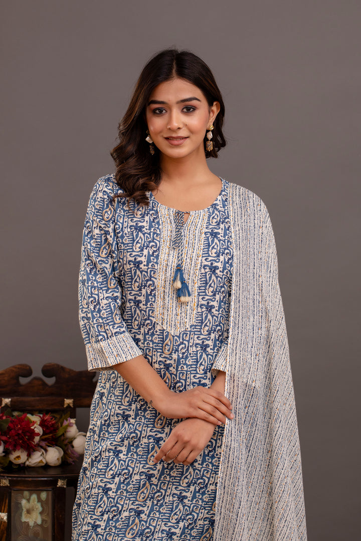 Elegant Blue Rayon Cotton Suit Set | Printed & Embroidered Design
