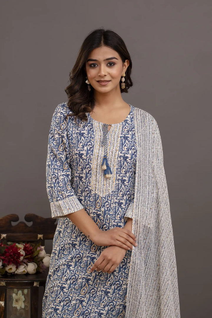 Elegant Blue Rayon Cotton Suit Set | Printed & Embroidered Design