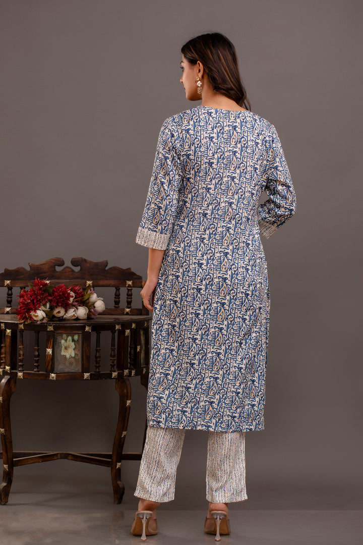 Elegant Blue Rayon Cotton Suit Set | Printed & Embroidered Design