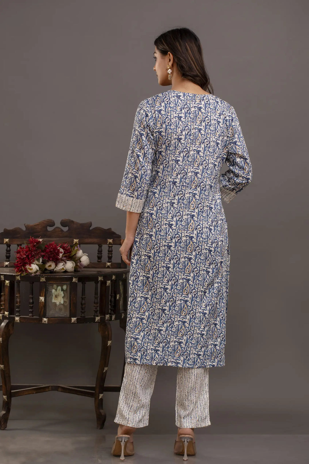 Elegant Blue Rayon Cotton Suit Set | Printed & Embroidered Design