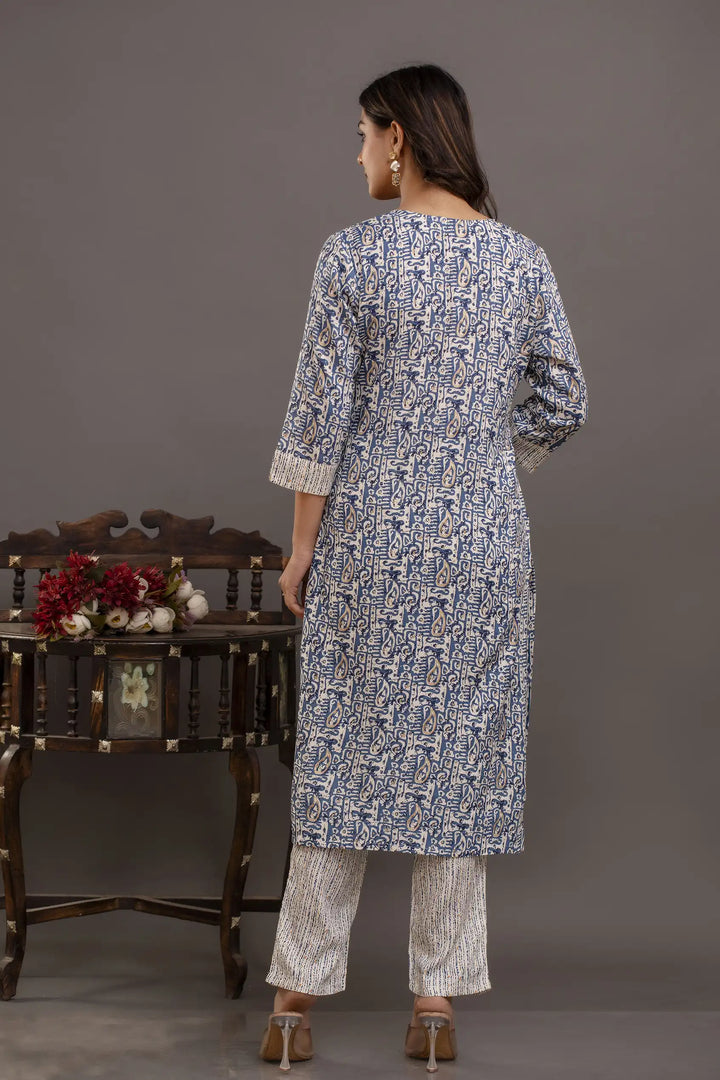 Elegant Blue Rayon Cotton Suit Set | Printed & Embroidered Design