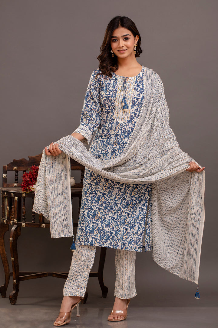 Elegant Blue Rayon Cotton Suit Set | Printed & Embroidered Design